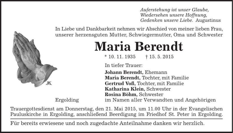 Traueranzeige Maria Berendt