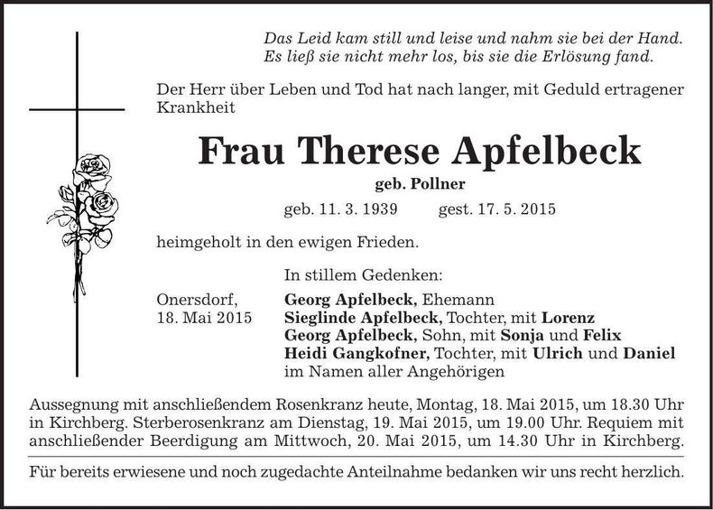 Traueranzeige Therese Apfelbeck