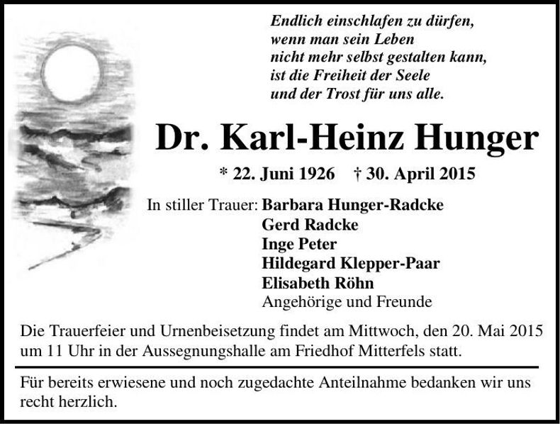Traueranzeige Dr. Karl-Heinz Hunger