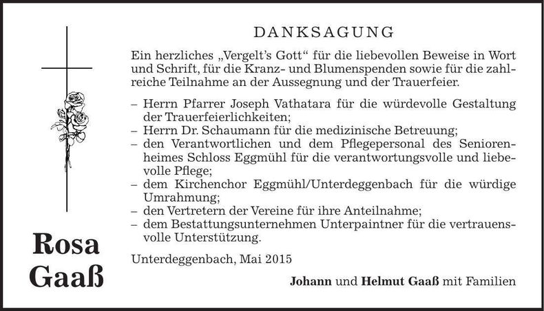 Traueranzeige Rosa Gaaß