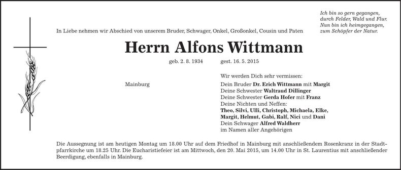 Traueranzeige Alfons Wittmann