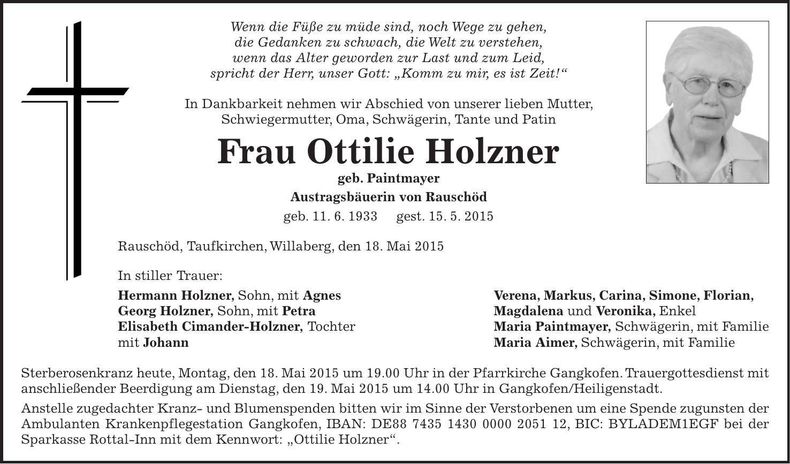Traueranzeige Ottilie Holzner