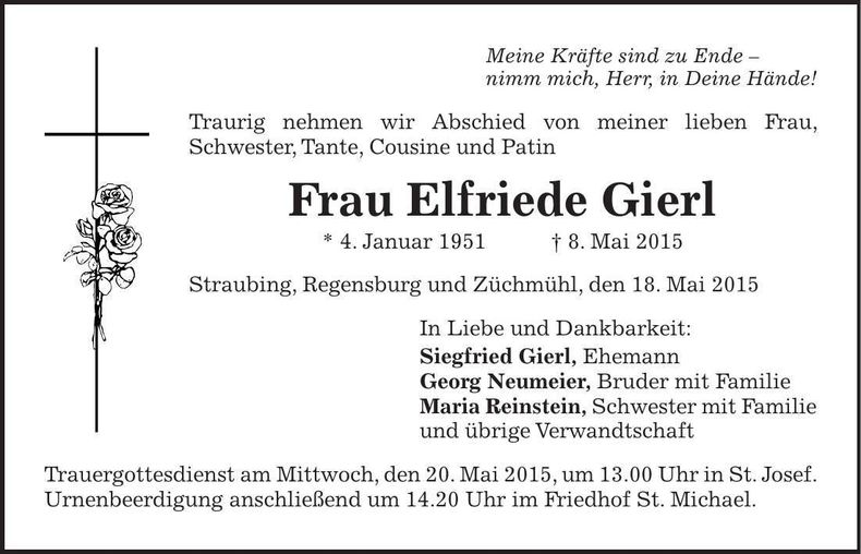 Traueranzeige Elfriede Gierl