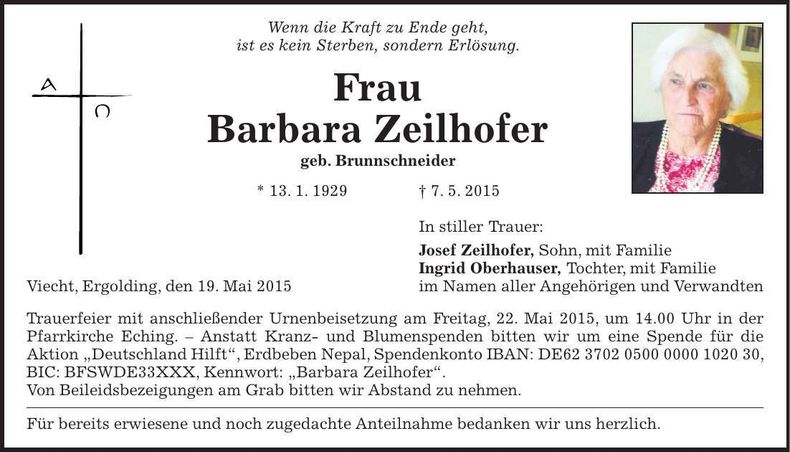 Traueranzeige Barbara Zeilhofer
