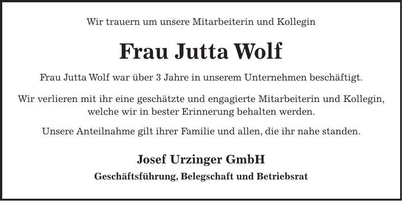 Traueranzeige Jutta Wolf