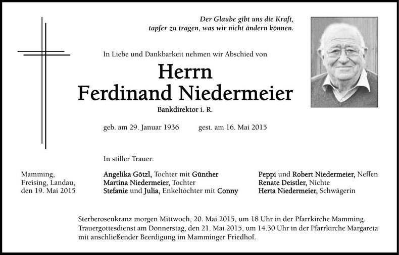 Traueranzeige Ferdinand Niedermeier