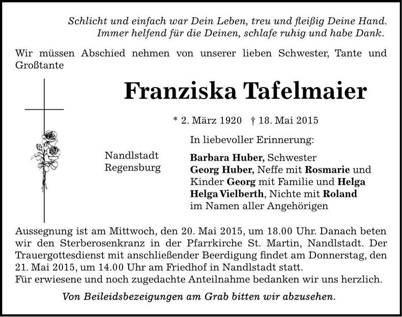 Traueranzeige Franziska Tafelmaier