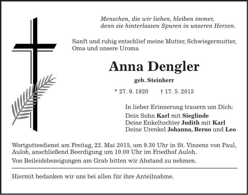 Traueranzeige Anna Dengler