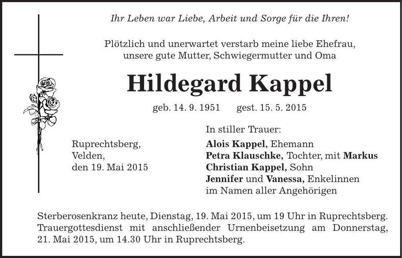 Traueranzeige Hildegard Kappel