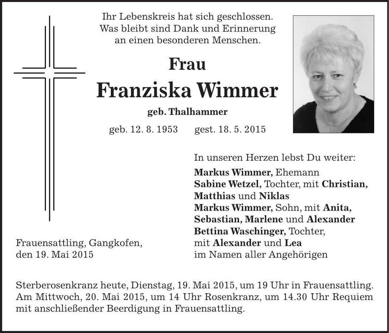 Traueranzeige Franziska Wimmer