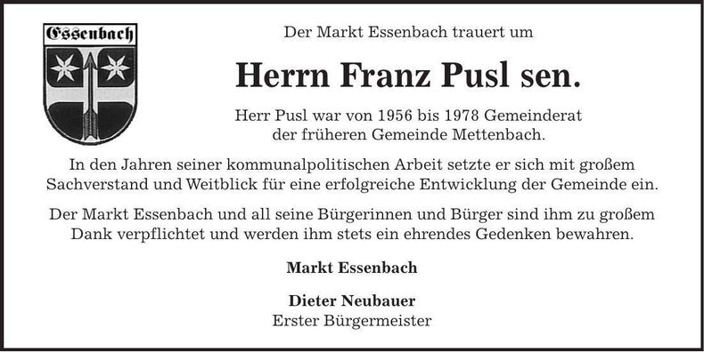 Traueranzeige Franz Pusl
