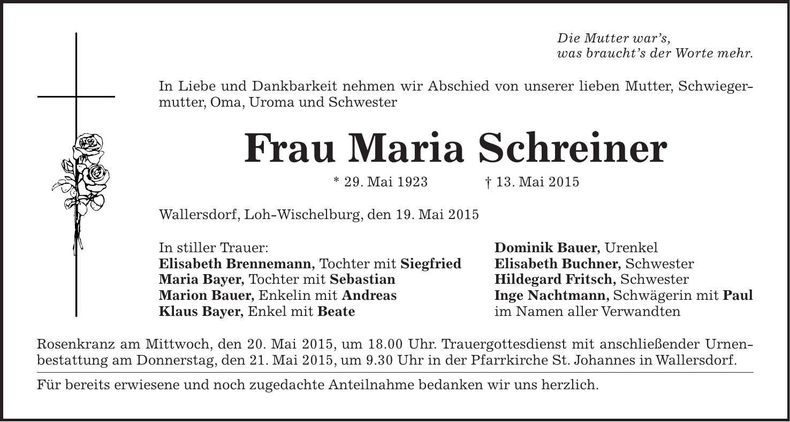 Traueranzeige Maria Schreiner