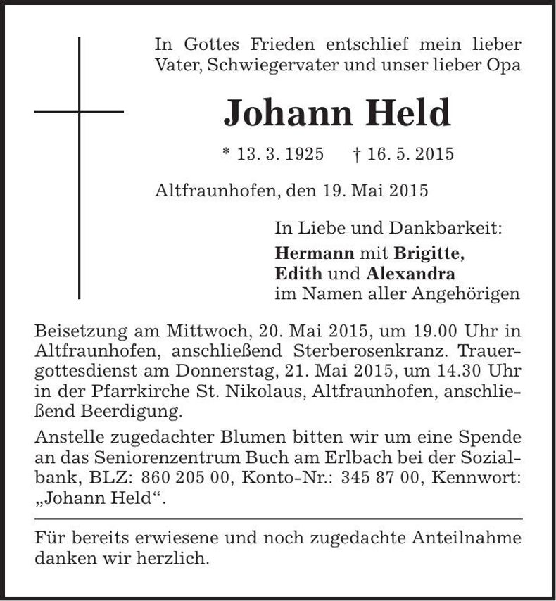 Traueranzeige Johann Held