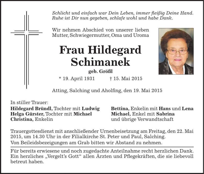 Traueranzeige Hildegard Schimanek