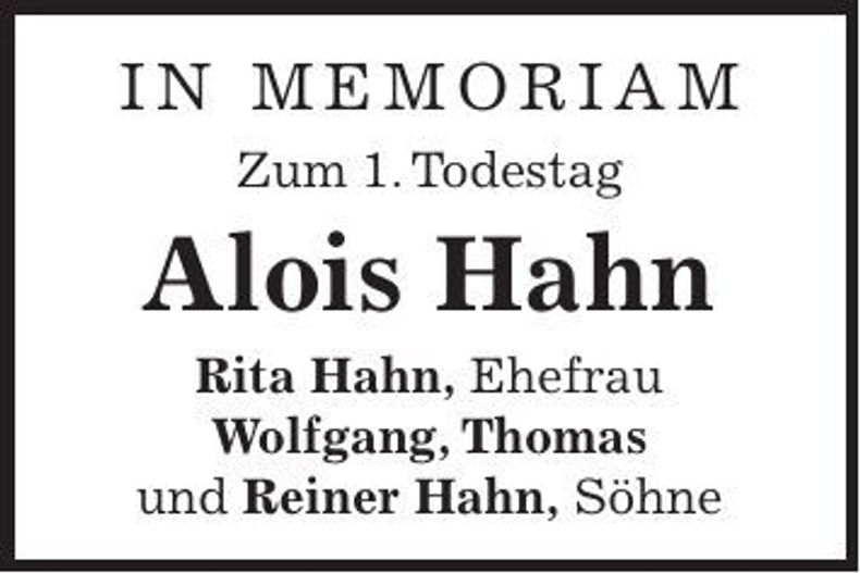 Traueranzeige Alois Hahn