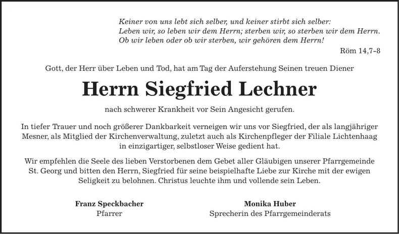 Traueranzeige Siegfried Lechner