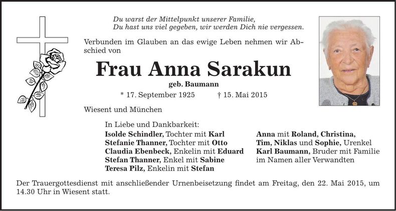 Traueranzeige Anna Sarakun