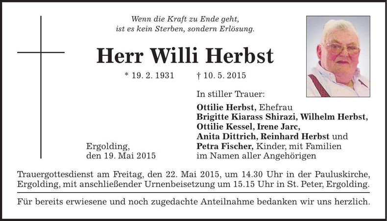 Traueranzeige Willi Herbst