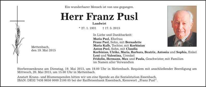 Traueranzeige Franz Pusl
