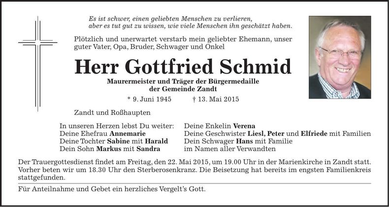 Traueranzeige Gottfried Schmid