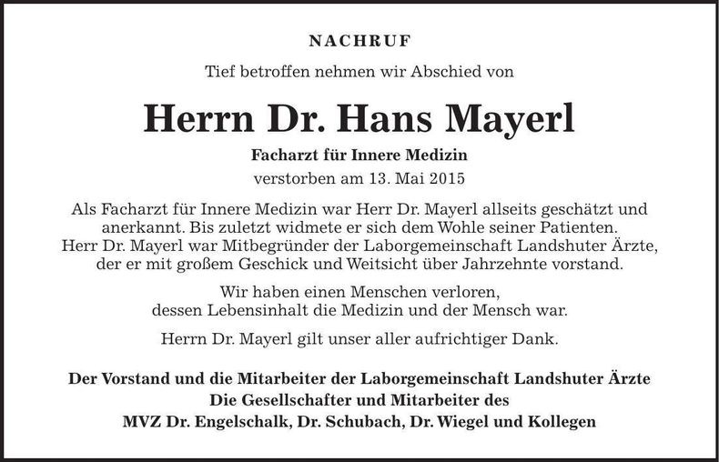 Traueranzeige Hans Mayerl