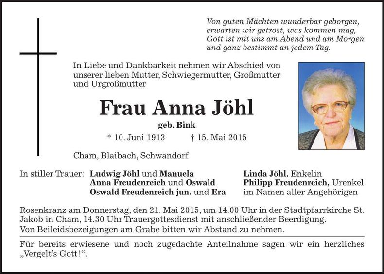Traueranzeige Anna Jöhl