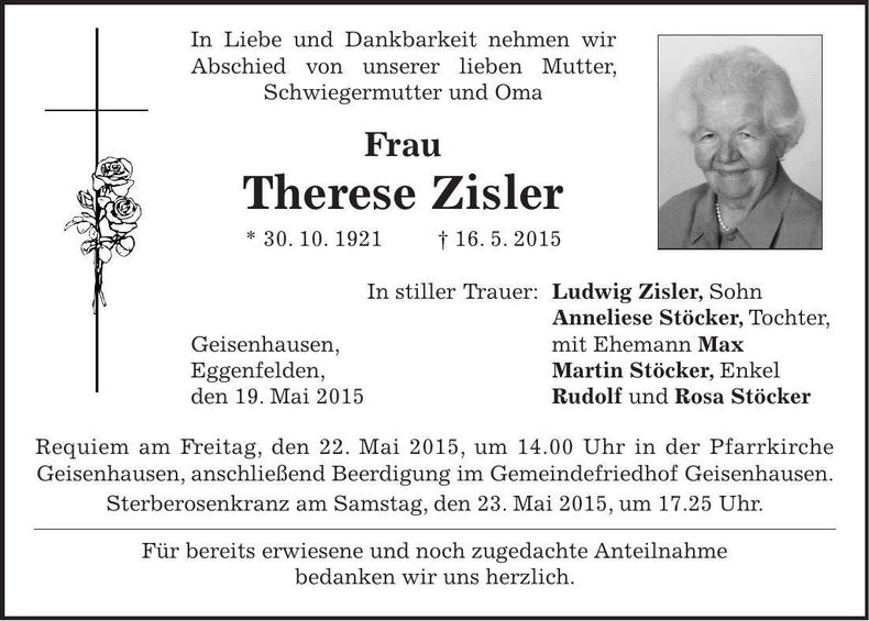 Traueranzeige Therese Zisler