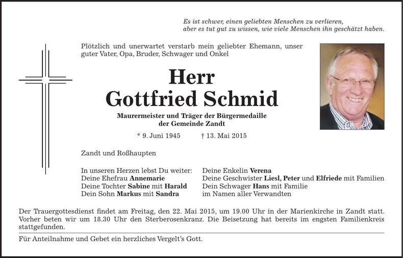 Traueranzeige Gottfried Schmid
