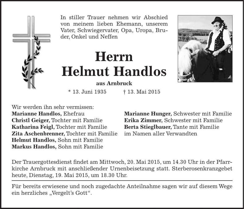 Traueranzeige Helmut Handlos