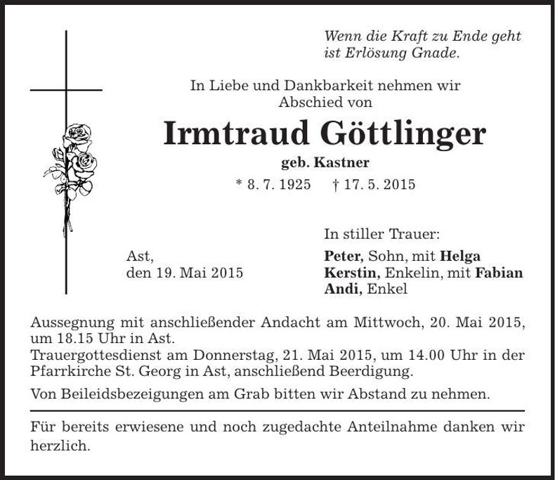 Traueranzeige Irmtraud Göttlinger
