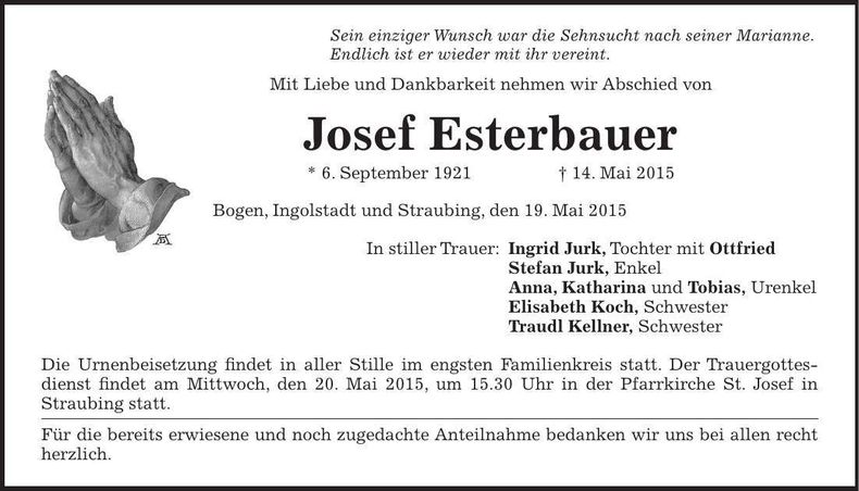 Traueranzeige Josef Esterbauer