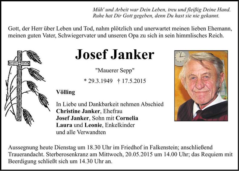 Traueranzeige Josef Janker