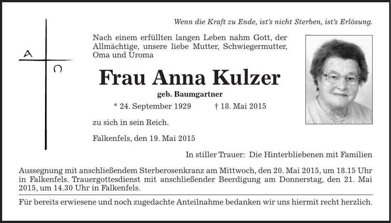 Traueranzeige Anna Kulzer
