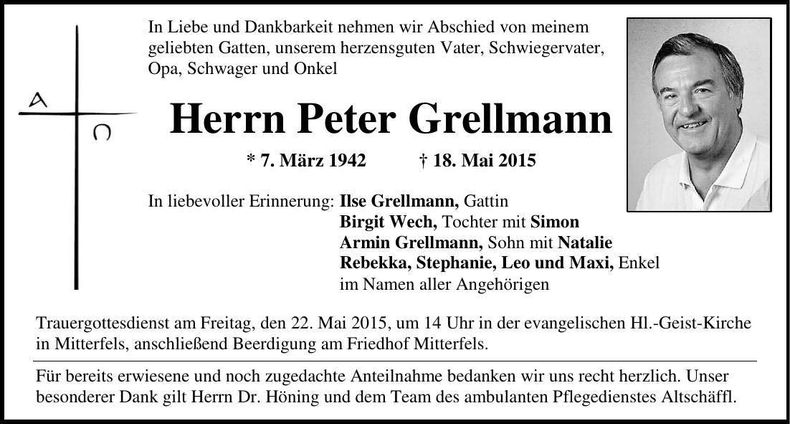 Traueranzeige Peter Grellmann