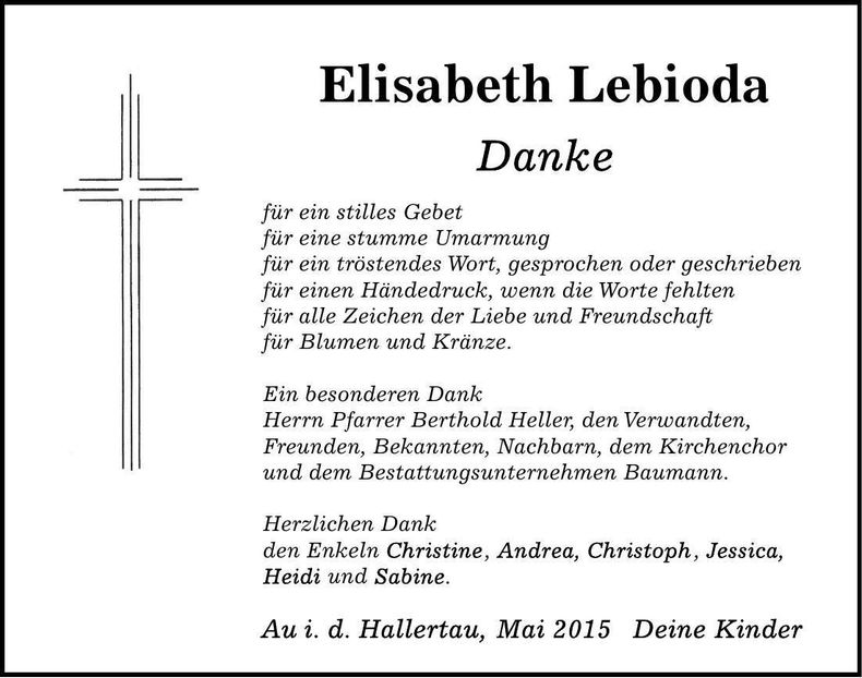 Traueranzeige Elisabeth Lebioda