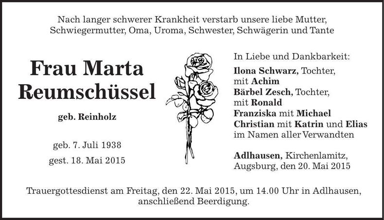 Traueranzeige Marta Rreumschüssel