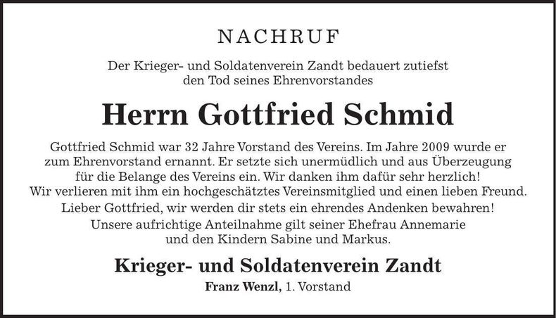 Traueranzeige Gottfried Schmid