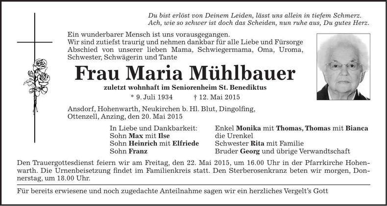 Traueranzeige Maria Mühlbauer