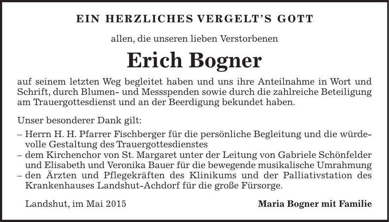 Traueranzeige Erich Bogner