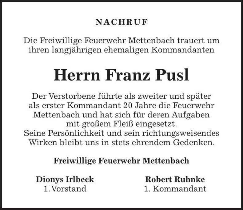 Traueranzeige Franz Pusl