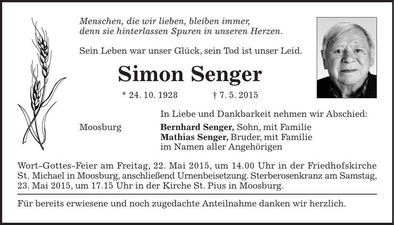 Traueranzeige Simon Senger