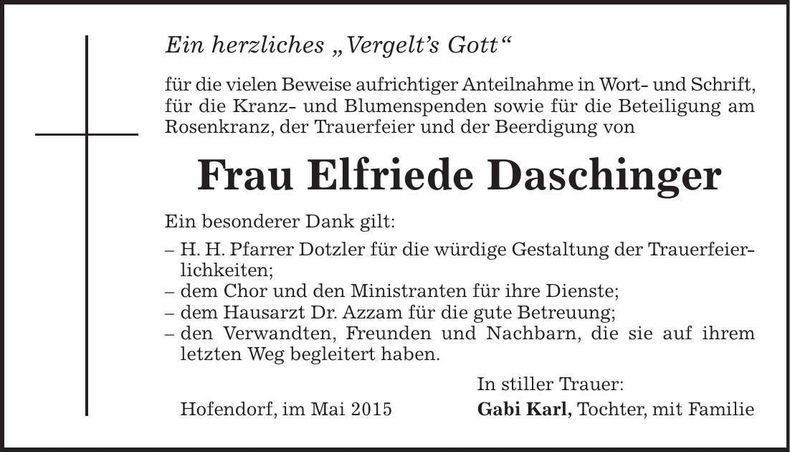 Traueranzeige Elfriede Daschinger