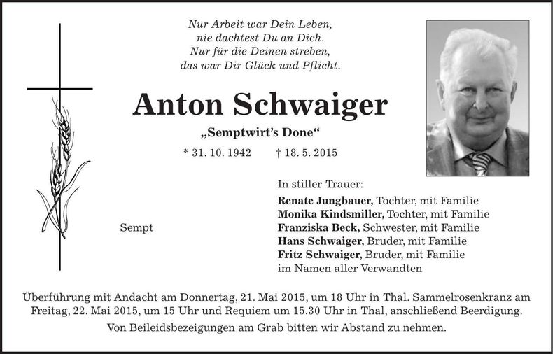 Traueranzeige Anton Schwaiger