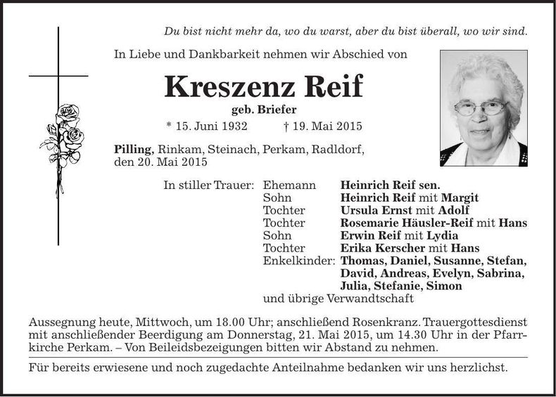 Traueranzeige Kreszenz Reif