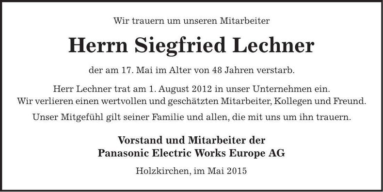 Traueranzeige Siegfried Lechner