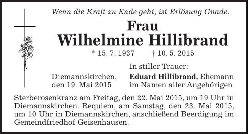 Traueranzeige Wilhelmine Hillibrand