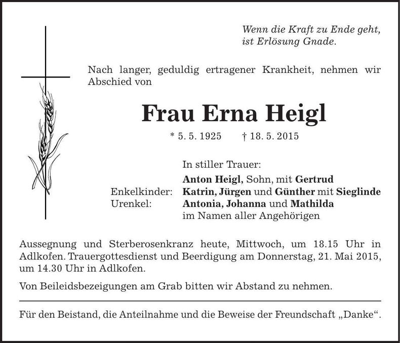 Traueranzeige Erna Heigl