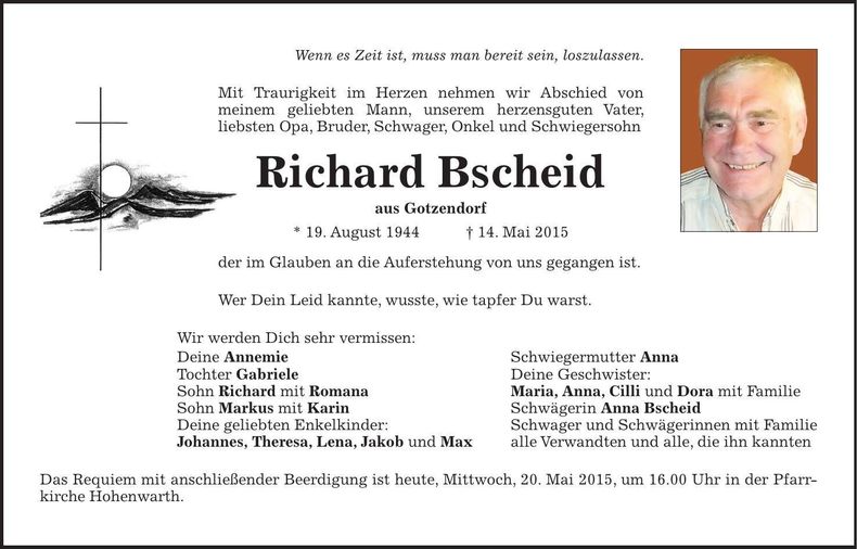 Traueranzeige Richard Bscheid
