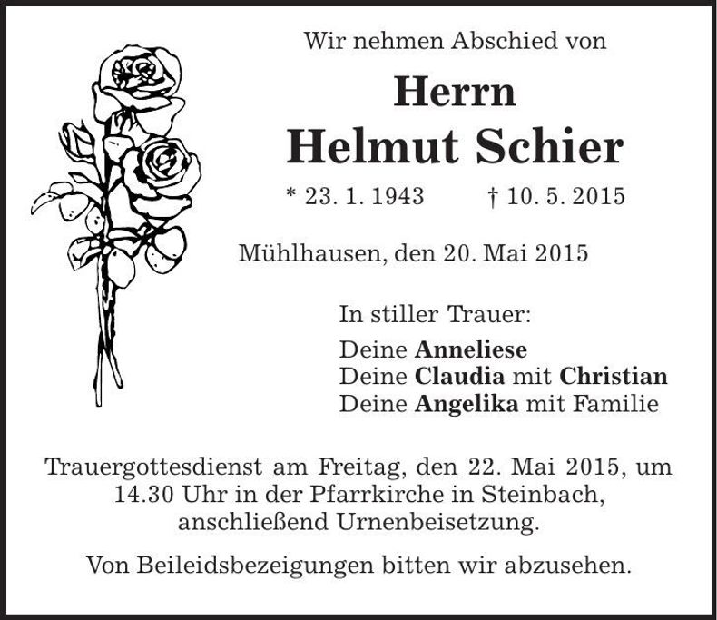 Traueranzeige Helmut Schier