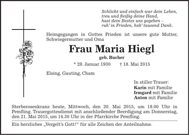 Traueranzeige Maria Hiegl